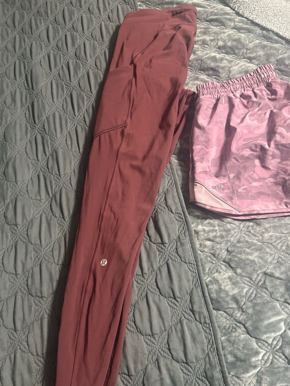 lululemon athletica Burgundy/Mauve Workout Leggings and Pink Camo Shorts